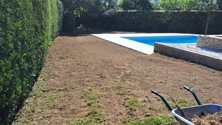 Pose de plaques de pelouse : gazon en plaques posé autour d'une piscine, dalles claires en bordure, photo 2