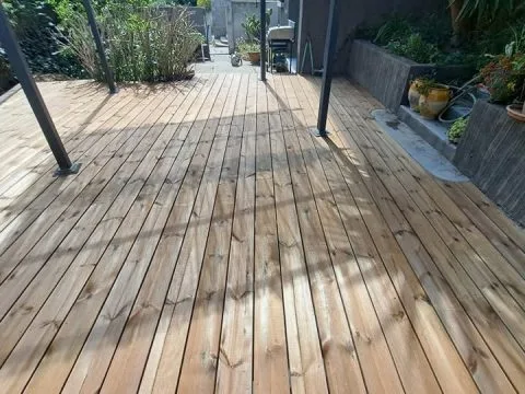 Terrasse en bois : terrasse en bois posée sous une pergola, photo 2
